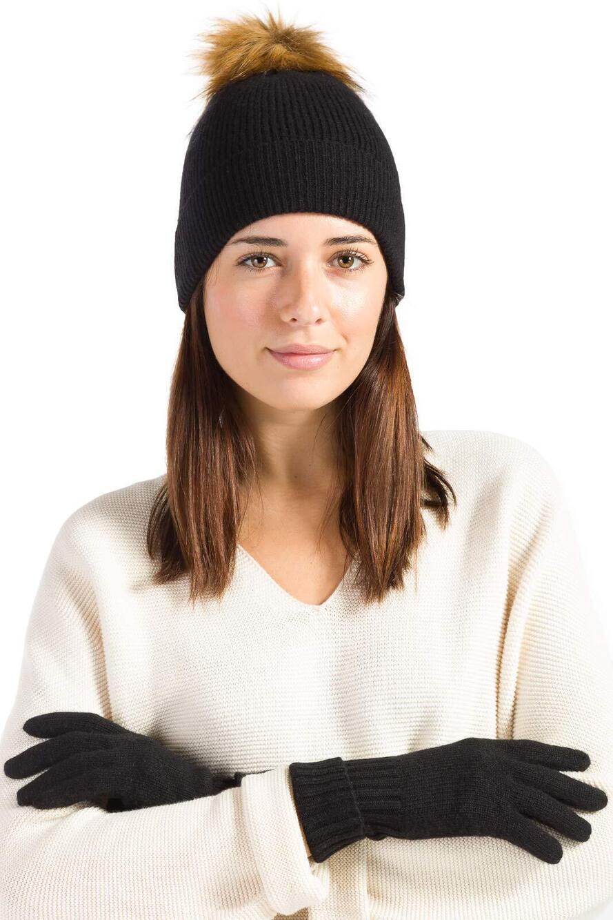 5636 Cashmere Winter Pom Hat and Glove Set; Gift Box Black